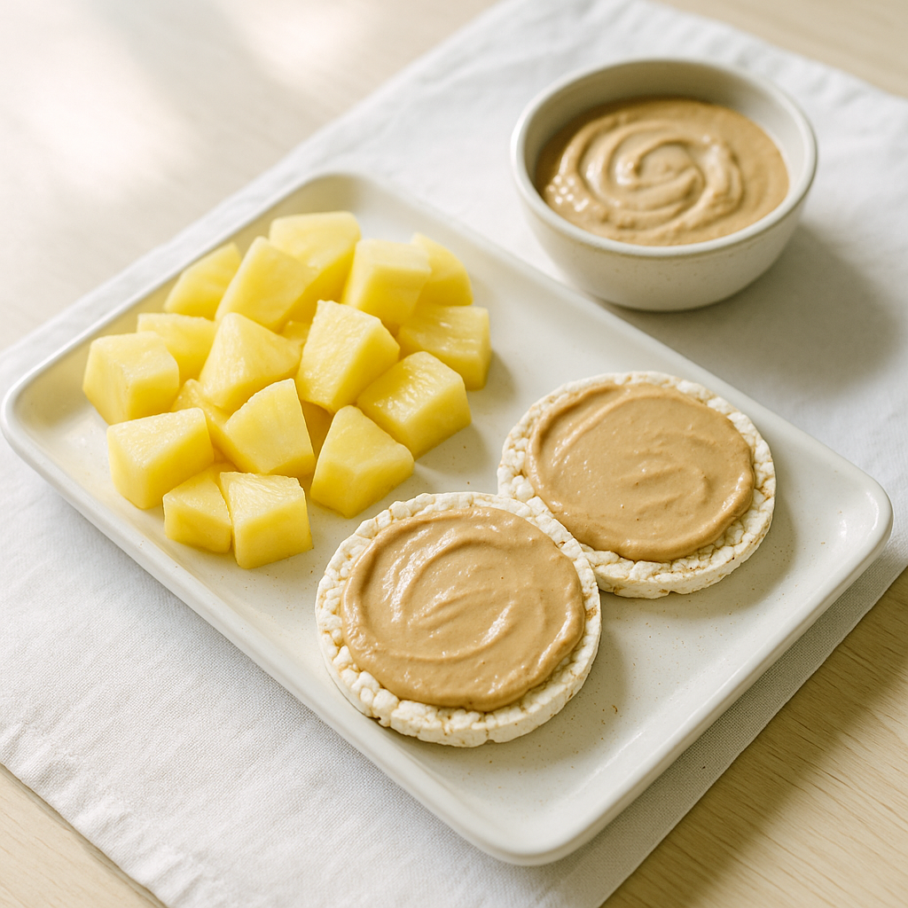 Ananas mit Reiswaffeln und Veganes Proteinpulver