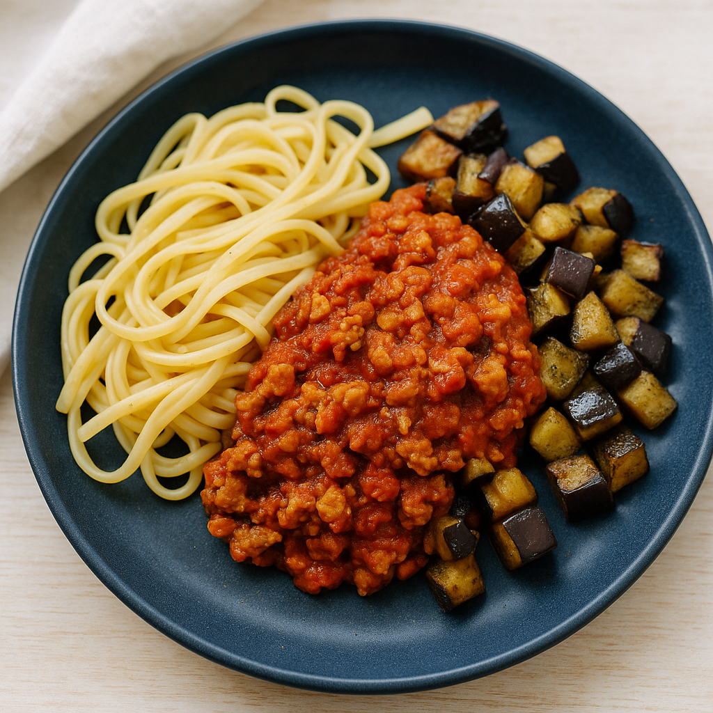 Antep-Style Linguine mit Sojaschetzel-Tomatensauce und Aubergine