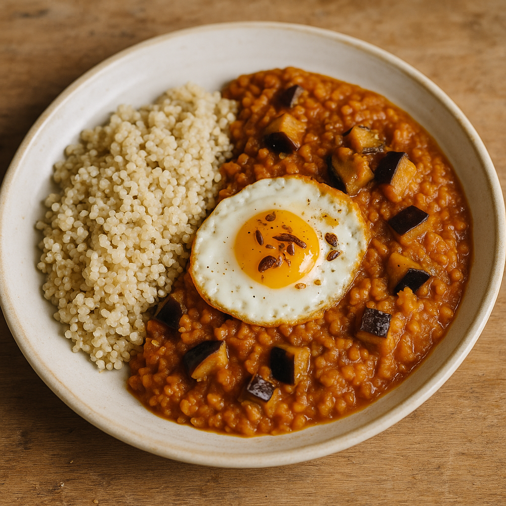 Auberginen-Linsen-Dal mit Quinoa und Ei-Tadka