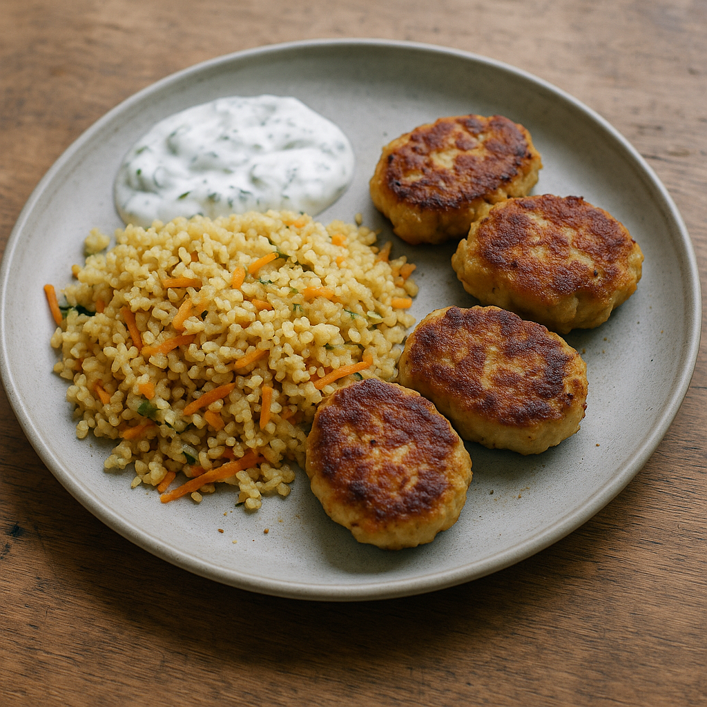 Balık Köftesi mit Bulgur-Pilav und Minze-Joghurt