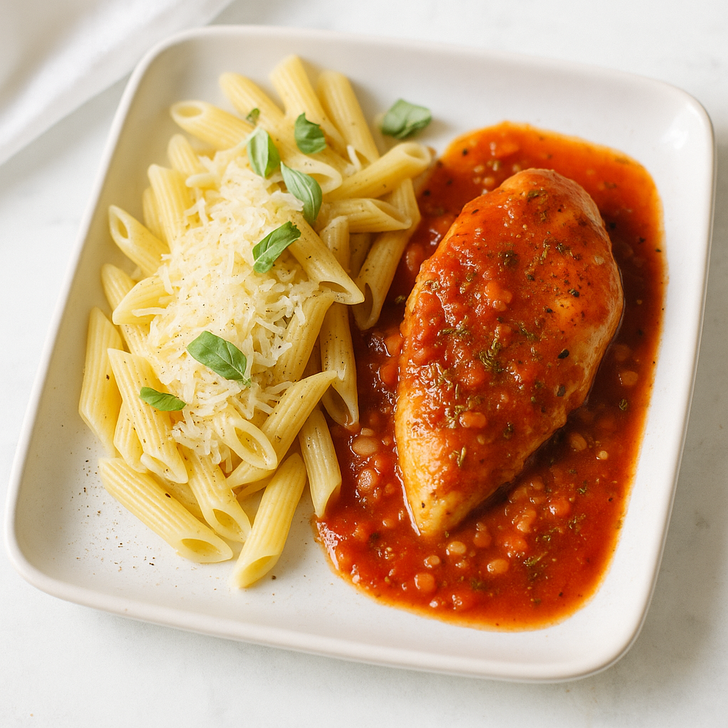 Basilikum-Parmesan-Pasta mit Hähnchen in Tomatensauce