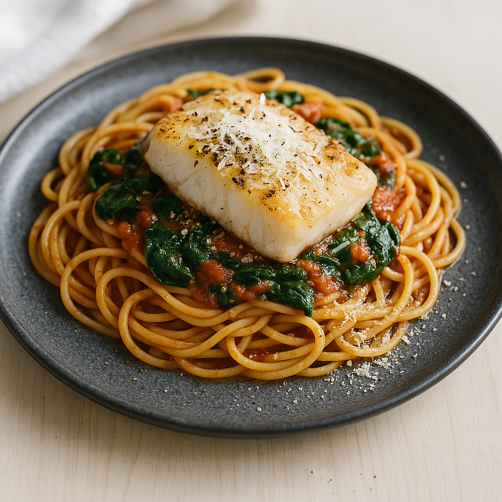 Basilikum-Parmesan-Pasta mit Kabeljau und Spinat-Tomatensauce