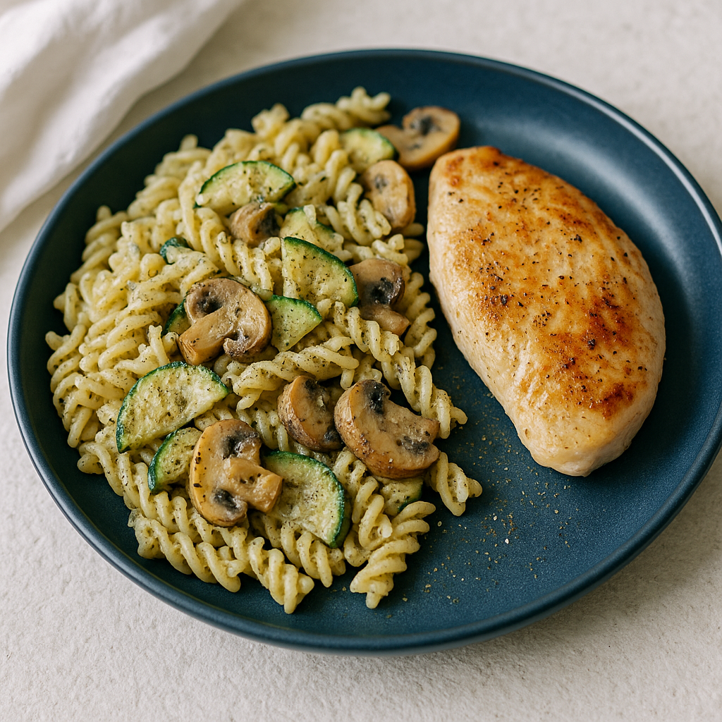 Basilikum-Parmesan-Pasta mit Putenbrust und Zucchini-Champignon-Pfanne