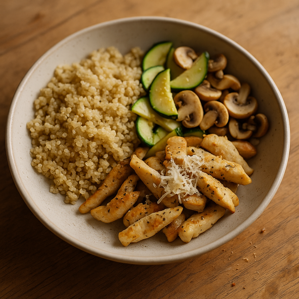 Basilikum-Parmesan-Putenbowl mit Quinoa, Zucchini und Champignons