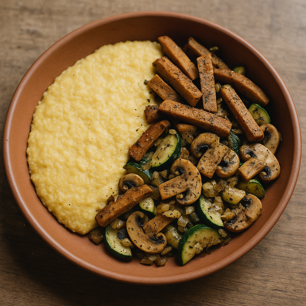 Basilikum-Parmesan-Seitan mit Polenta und Zucchini-Champignon-Pfanne