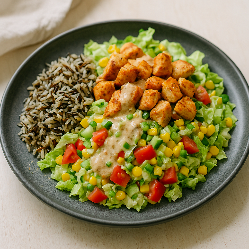 BBQ-Hähnchen-Cowboy-Salat mit Wildreis, Mais und Joghurt-Senf-Dressing