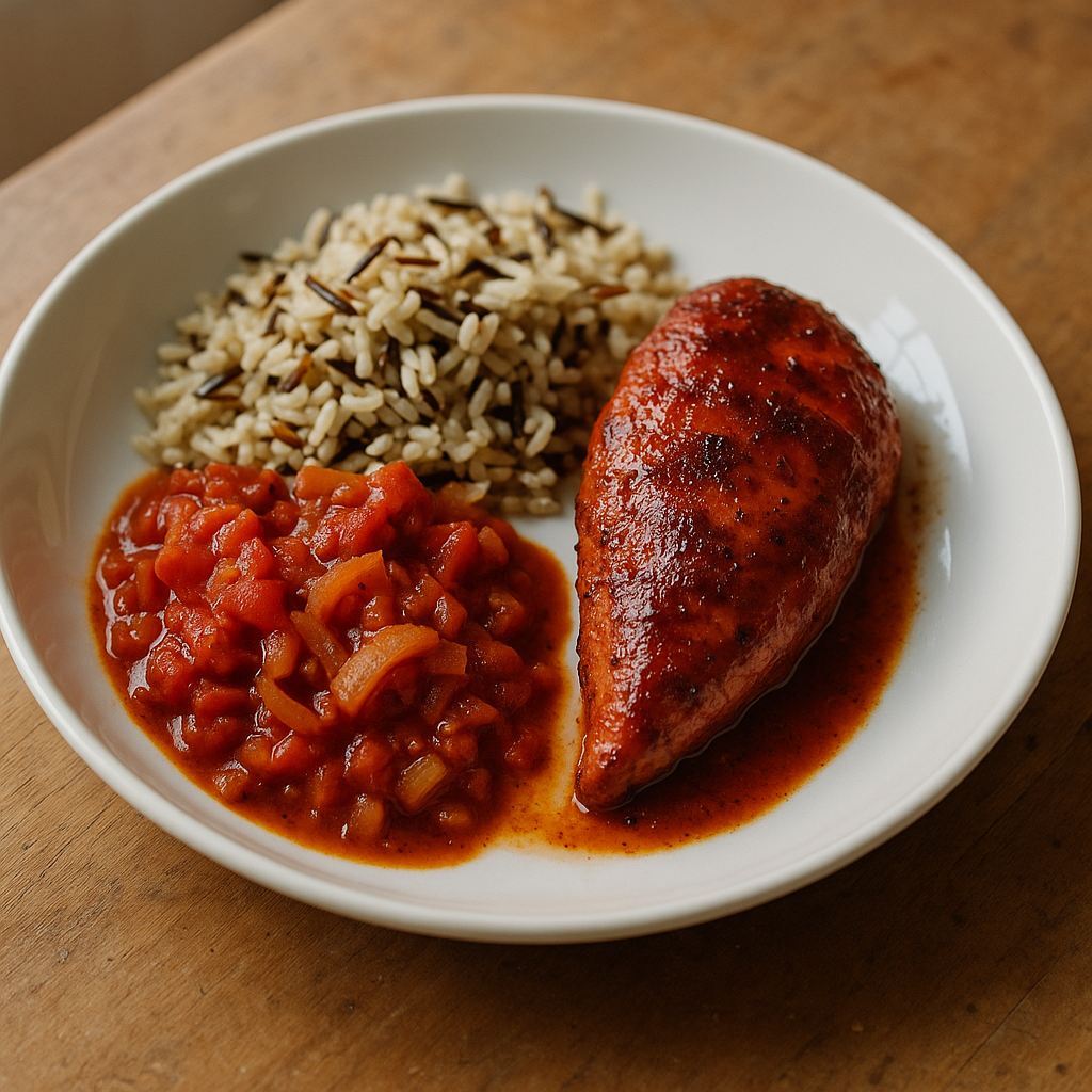 BBQ-Hähnchen mit Wildreis und Tomaten-Zwiebel-Pfanne