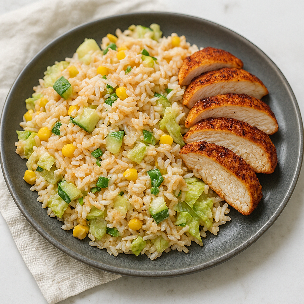 BBQ-Hähnchen-Reis-Salat mit Mais und Gurke
