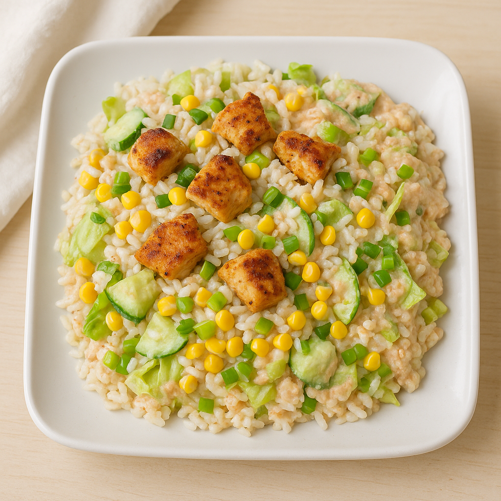 BBQ-Hähnchen-Reis-Salat mit Mais und Joghurt-Dressing