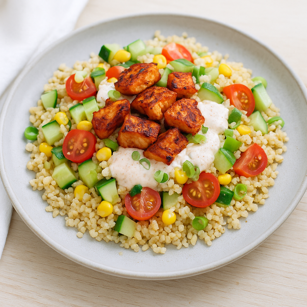 BBQ-Lachs-Bulgur-Salat mit Mais und cremigem Joghurt-Dressing