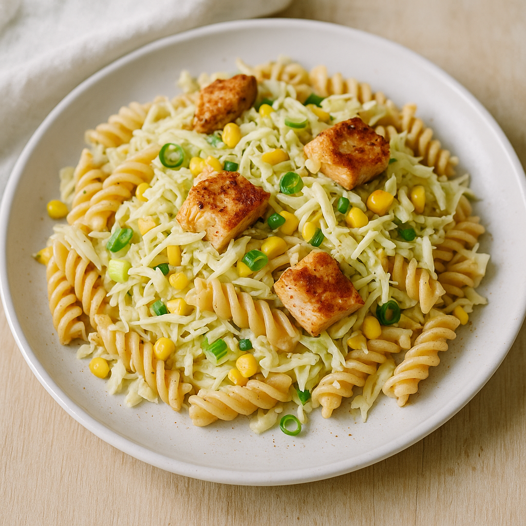 BBQ-Lachs-Pasta-Salat mit Mais und Kohl
