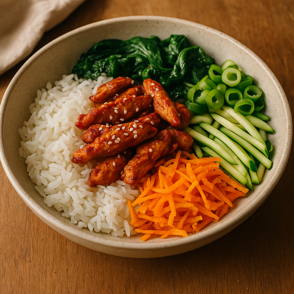 Bibimbap-Bowl mit Gochujang-Hähnchen, Spinat und Sesam
