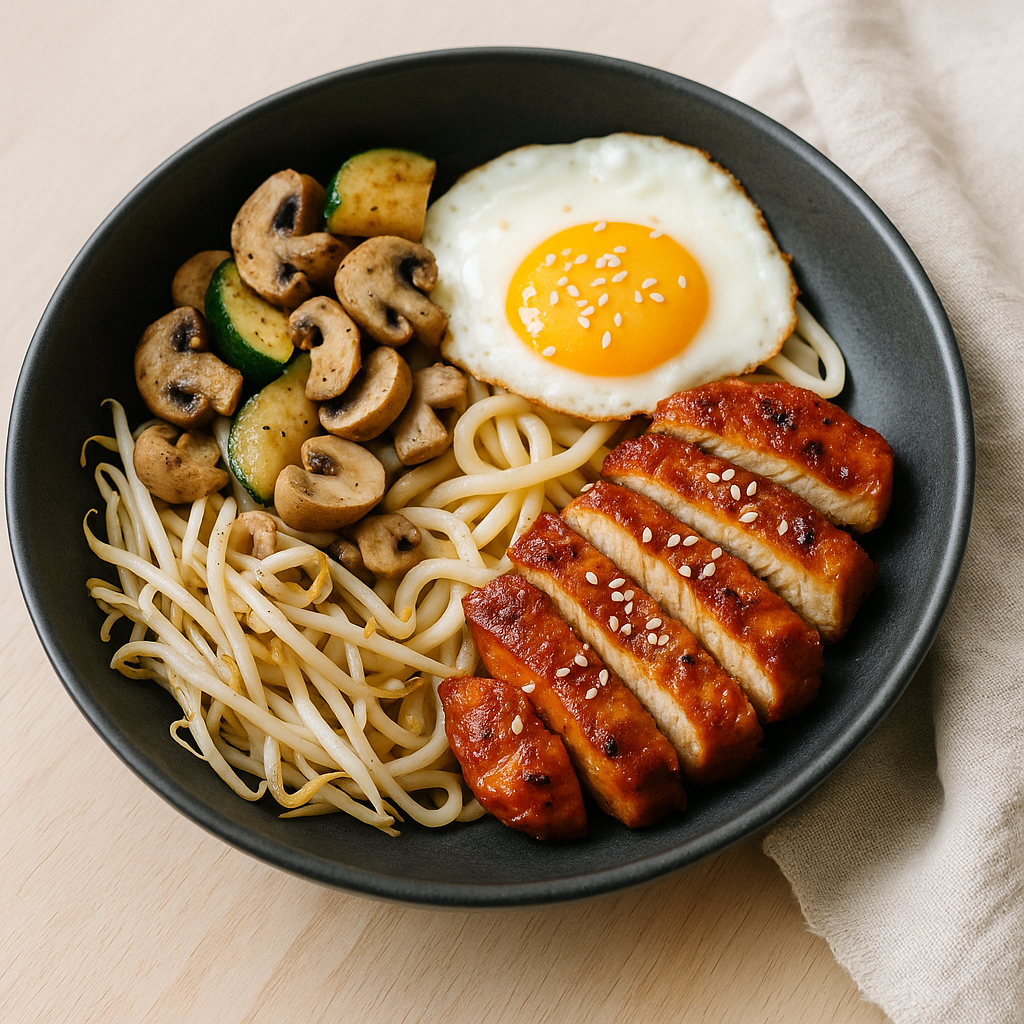 Bibimbap mit Gochujang-Hähnchen, Spiegelei und Sesam