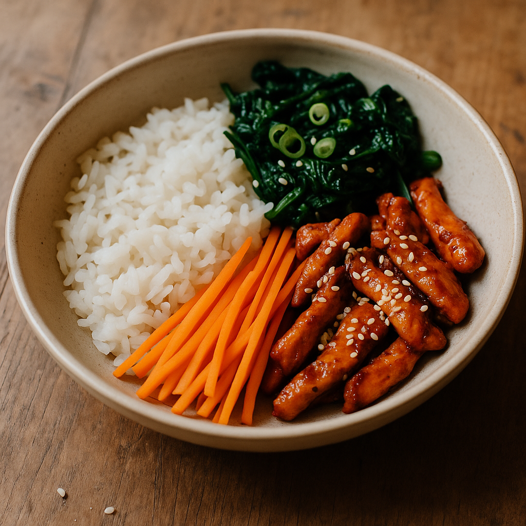 Bibimbap mit Gochujang-Hähnchen, Spinat und Sesam