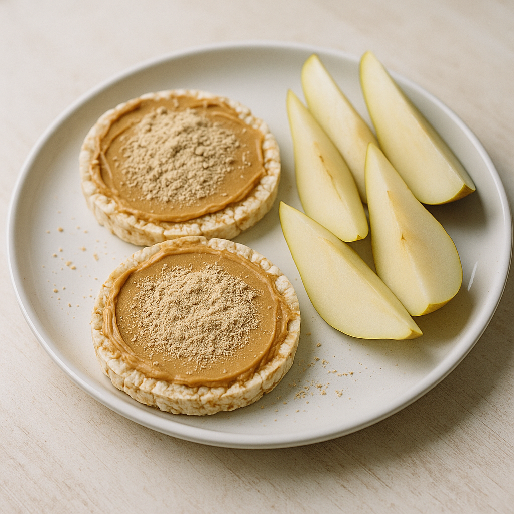 Birnen-Reiswaffeln mit Erdnussbutter und Veganes Proteinpulver