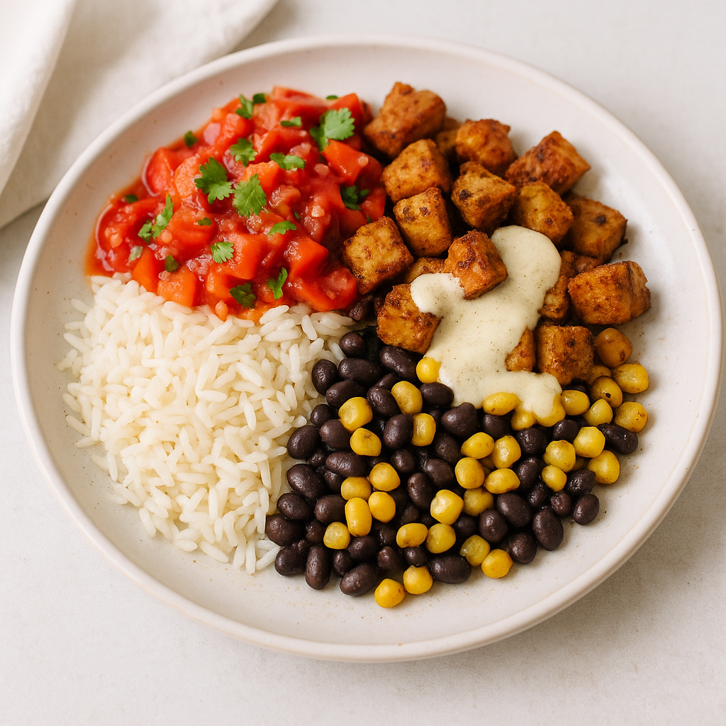 Bohnen-Tempeh-Bowl mit Tomaten-Paprika-Salsa und Limetten-Tahini