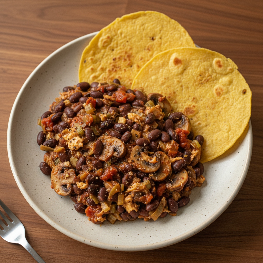 Bohnenragout mit Maistortillas, Lauch und Champignons