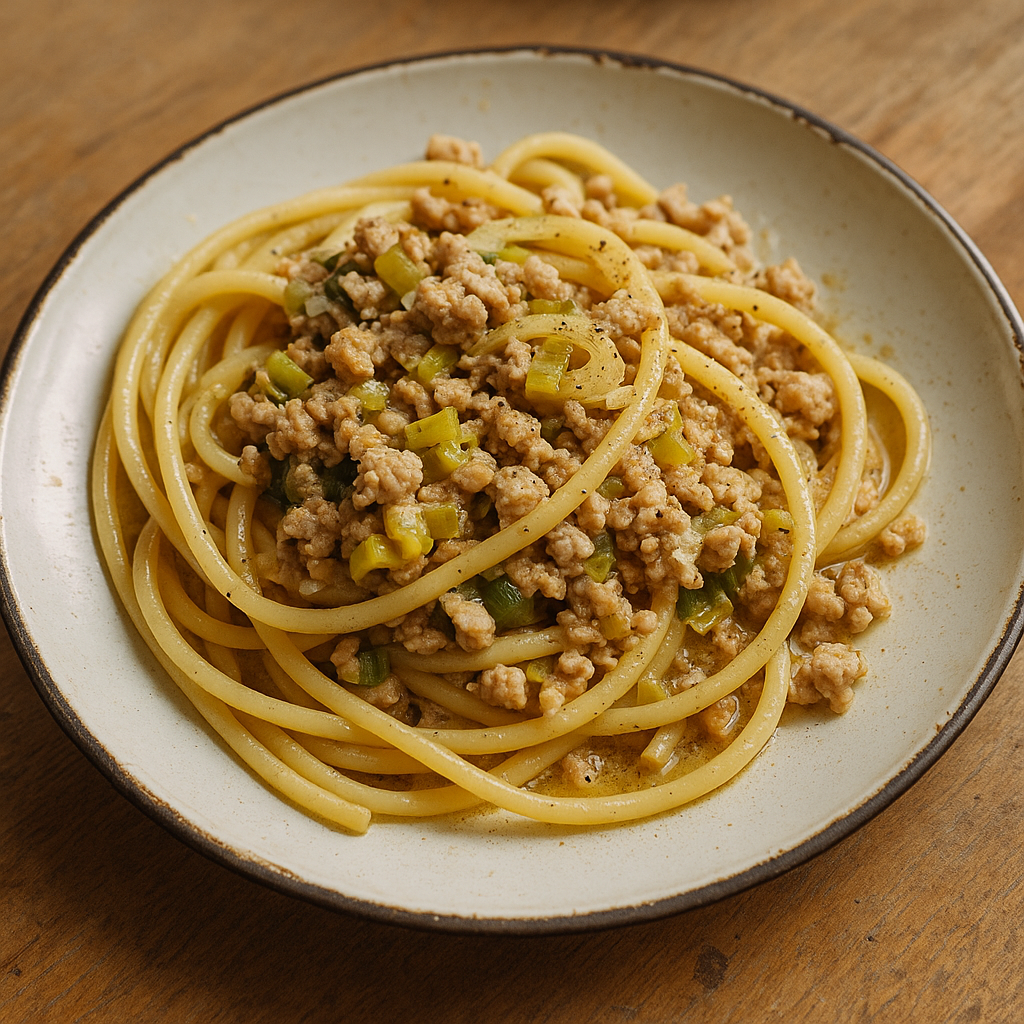 Bucatini al Ragù bianco di tacchino e porri