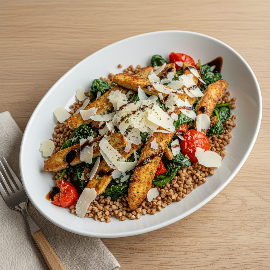 Buchweizen-Bowl mit gebratenem Seitan, Spinat und Parmesan