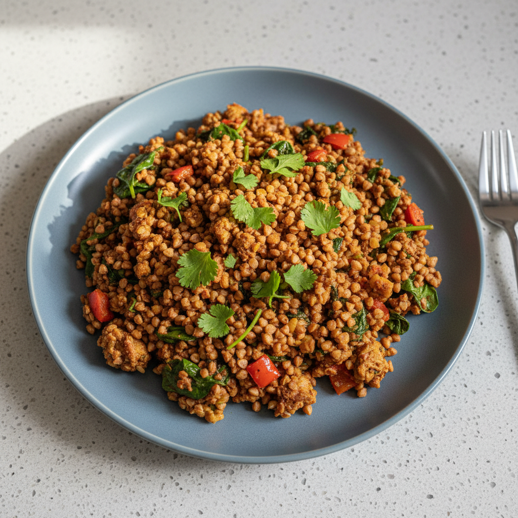 Buchweizen mit würzigem vegetarischem Hack, Paprika und Spinat