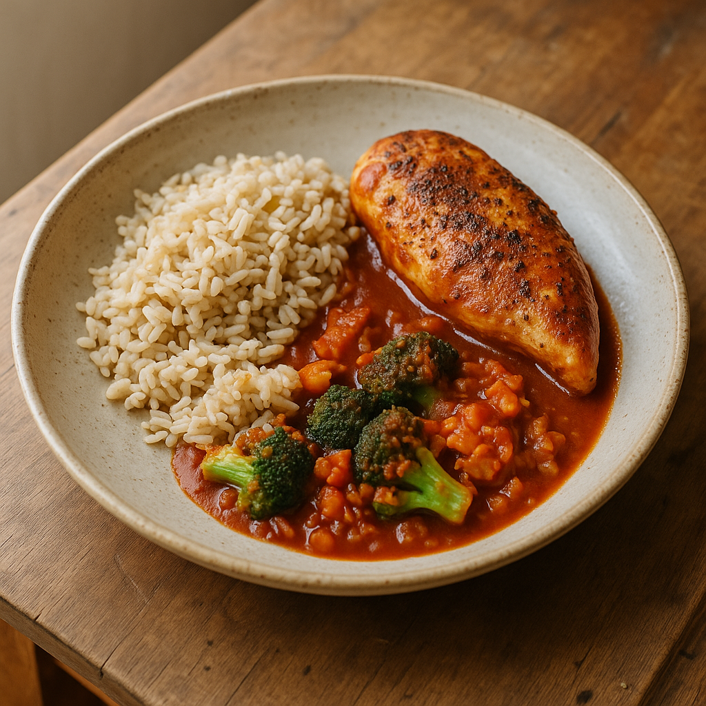 Büffel-Hähnchen mit Vollkornreis und Brokkoli in Tomatenmark-Sauce