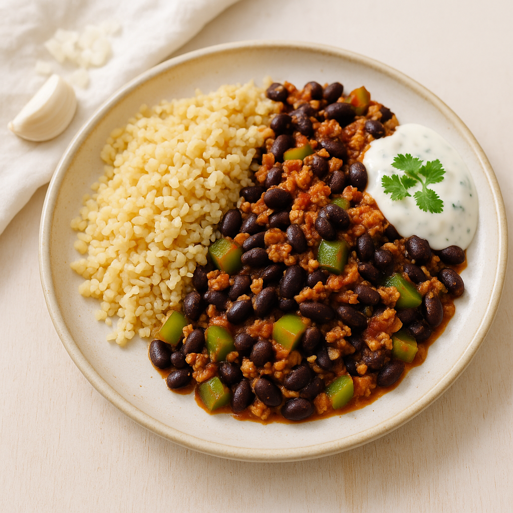 Bulgur-Bohnen-Pfanne mit Putenhack und Korianderjoghurt
