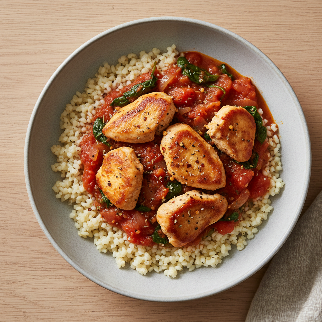 Bulgur-Bowl mit Hähnchenbrust und Spinat-Tomaten-Pfanne