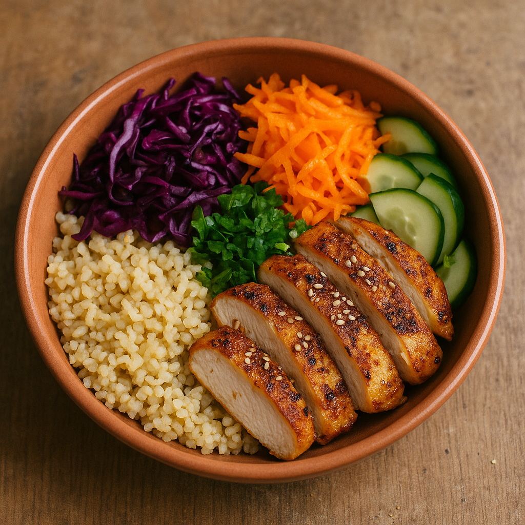 Bulgur-Bowl mit Hähnchenbrustfilet, Rotkohl, Karotten und Sesam