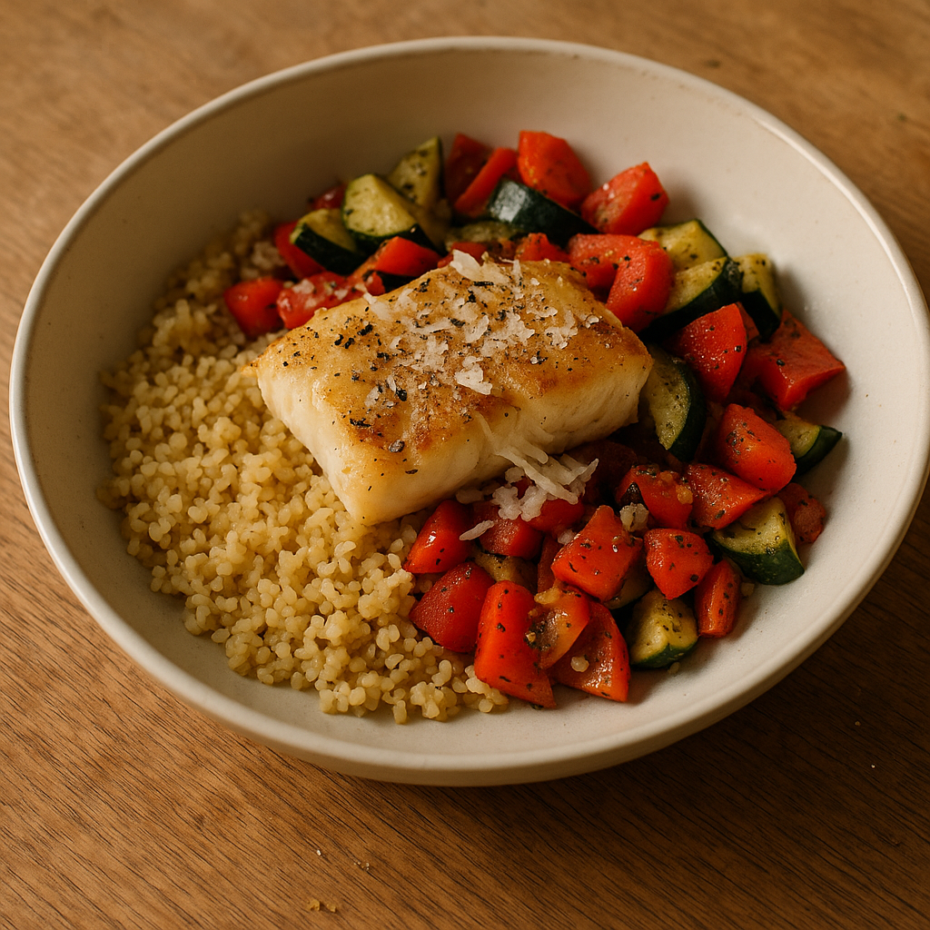 Bulgur-Bowl mit Kabeljau, Paprika und Parmesan