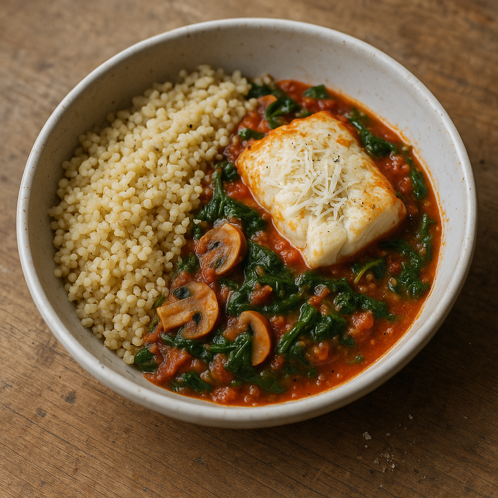 Bulgur-Bowl mit Kabeljau, Tomaten-Spinat-Sauce und Parmesan
