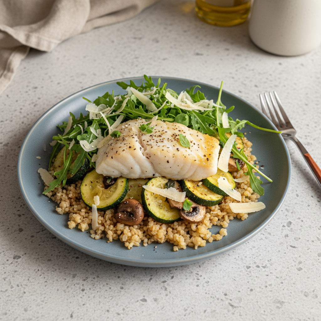 Bulgur-Bowl mit Kabeljau, Zucchini und Parmesan