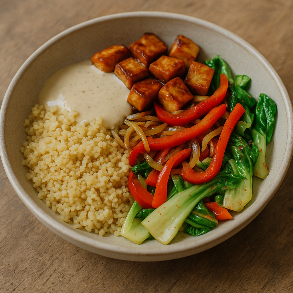 Bulgur-Bowl mit Naturtofu, Pak Choi, Paprika und Zitronen-Tahini