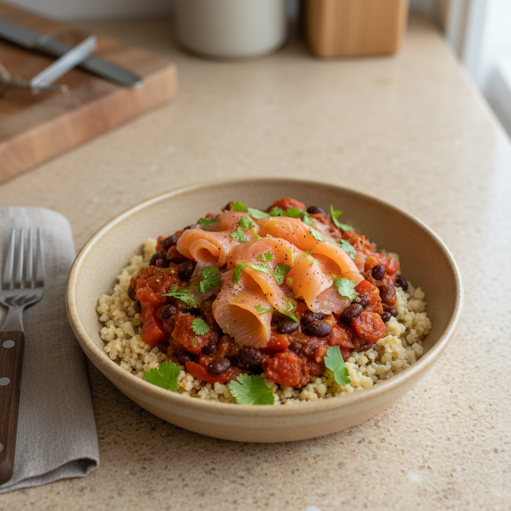 Bulgur-Bowl mit Räucherlachs, schwarzen Bohnen und Paprika-Tomaten-Pfanne