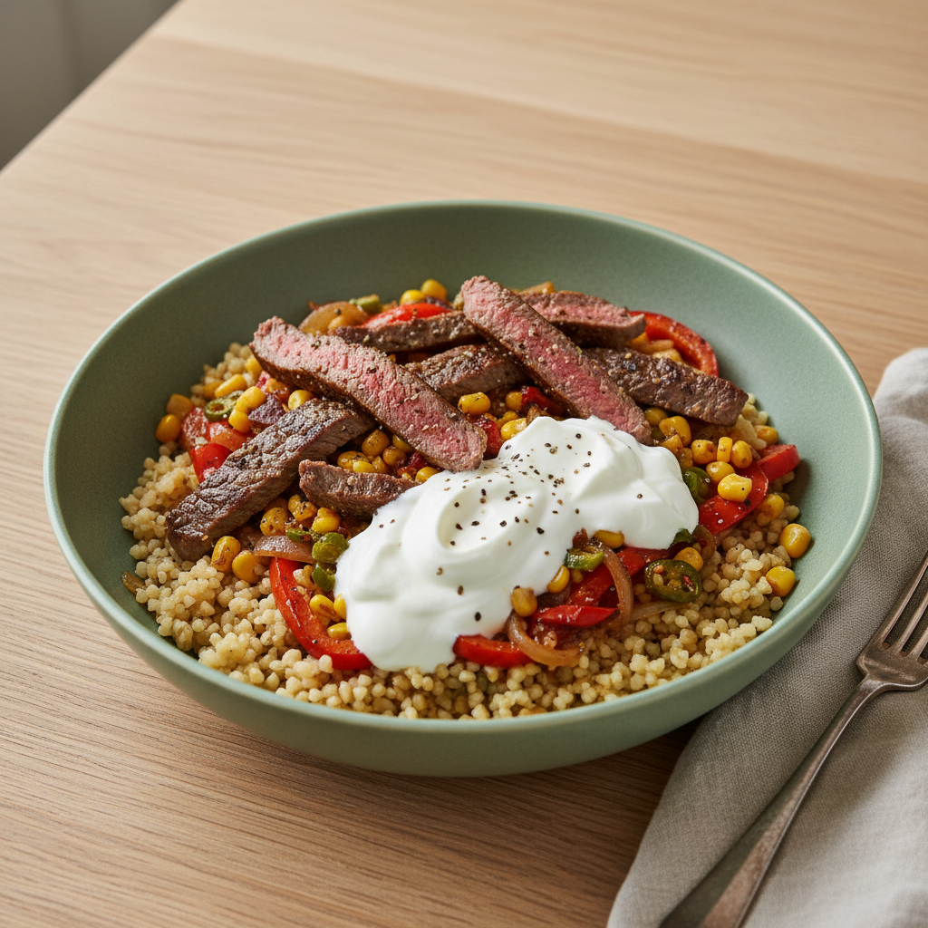 Bulgur-Bowl mit würzigem Rindersteak, Mais und Limetten-Joghurt