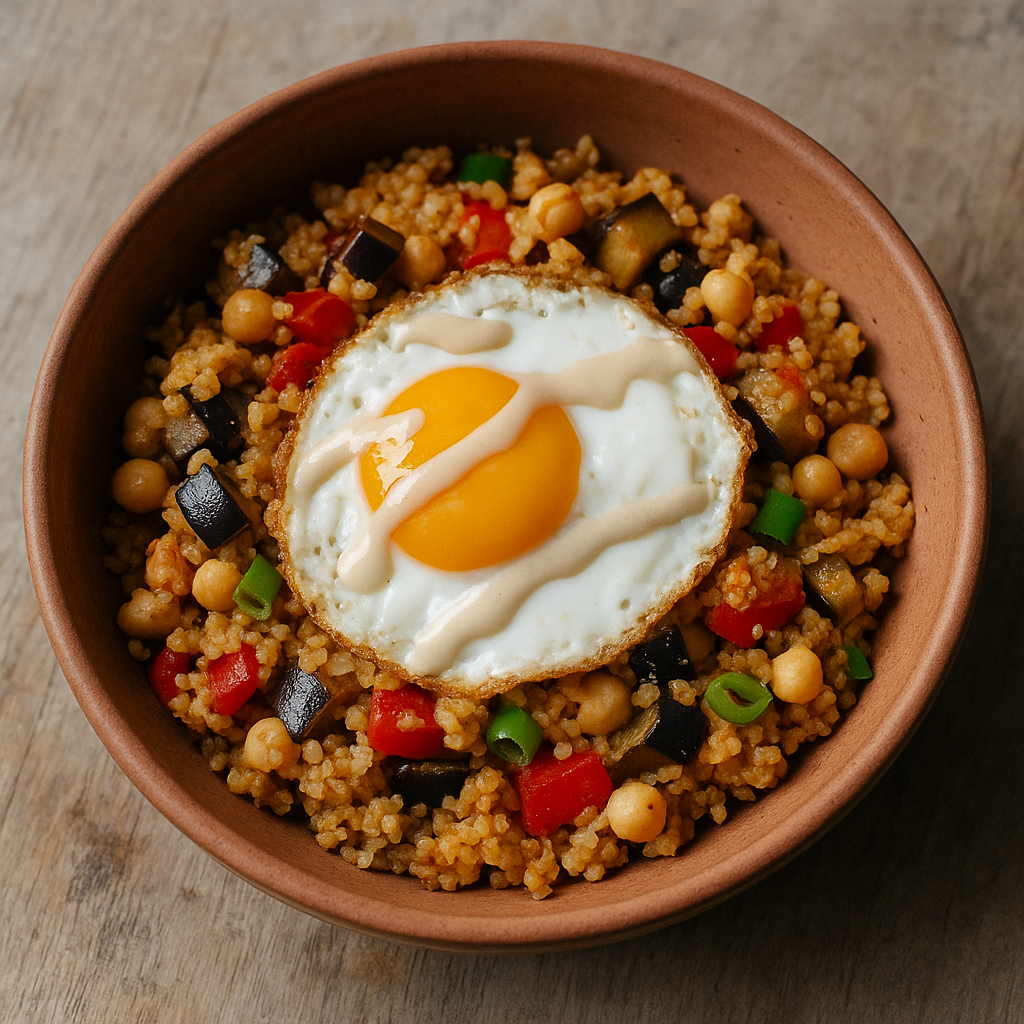 Bulgur-Pfanne mit Kichererbsen, Ei und Zitronen-Tahini