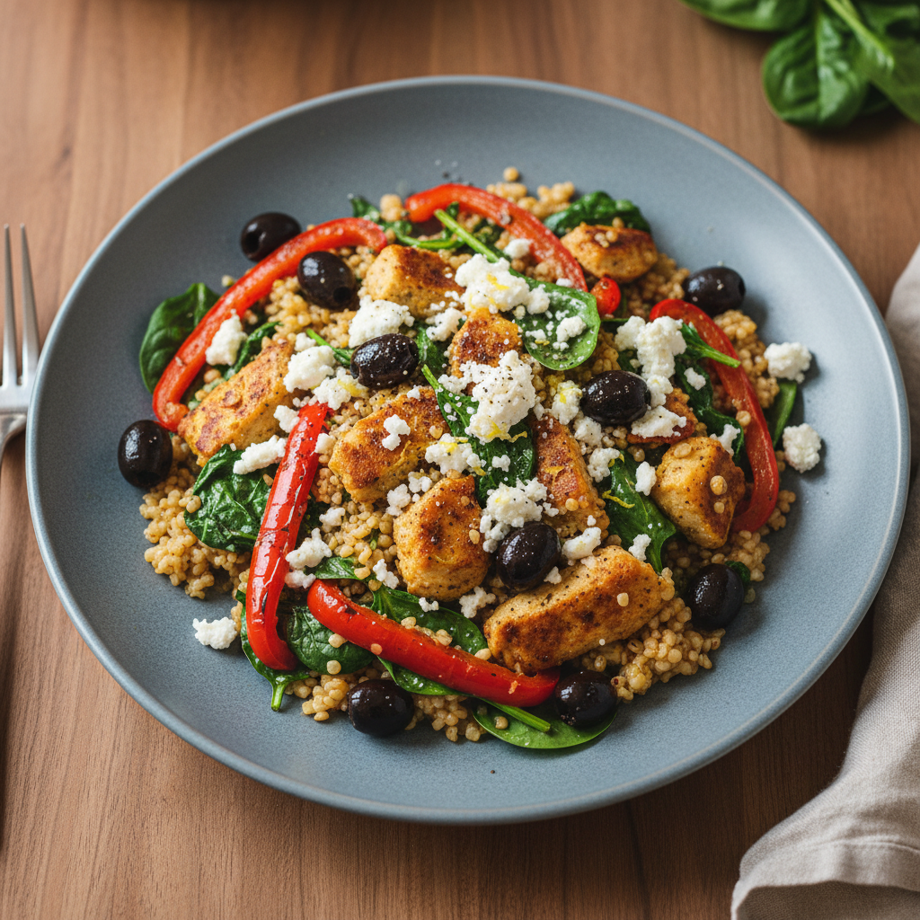 Bulgur-Pfanne mit Planted, Spinat, Oliven und Feta