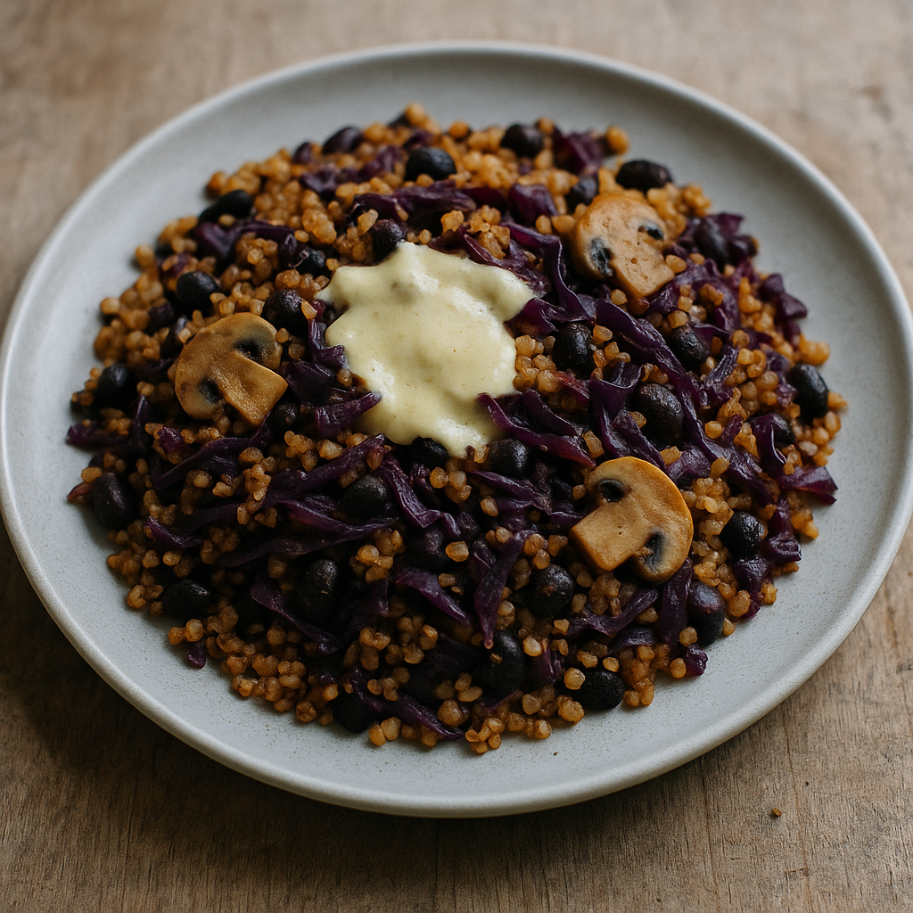 Bulgur-Pfanne mit schwarzen Bohnen, Rotkohl und Senf-Tahini-Sauce