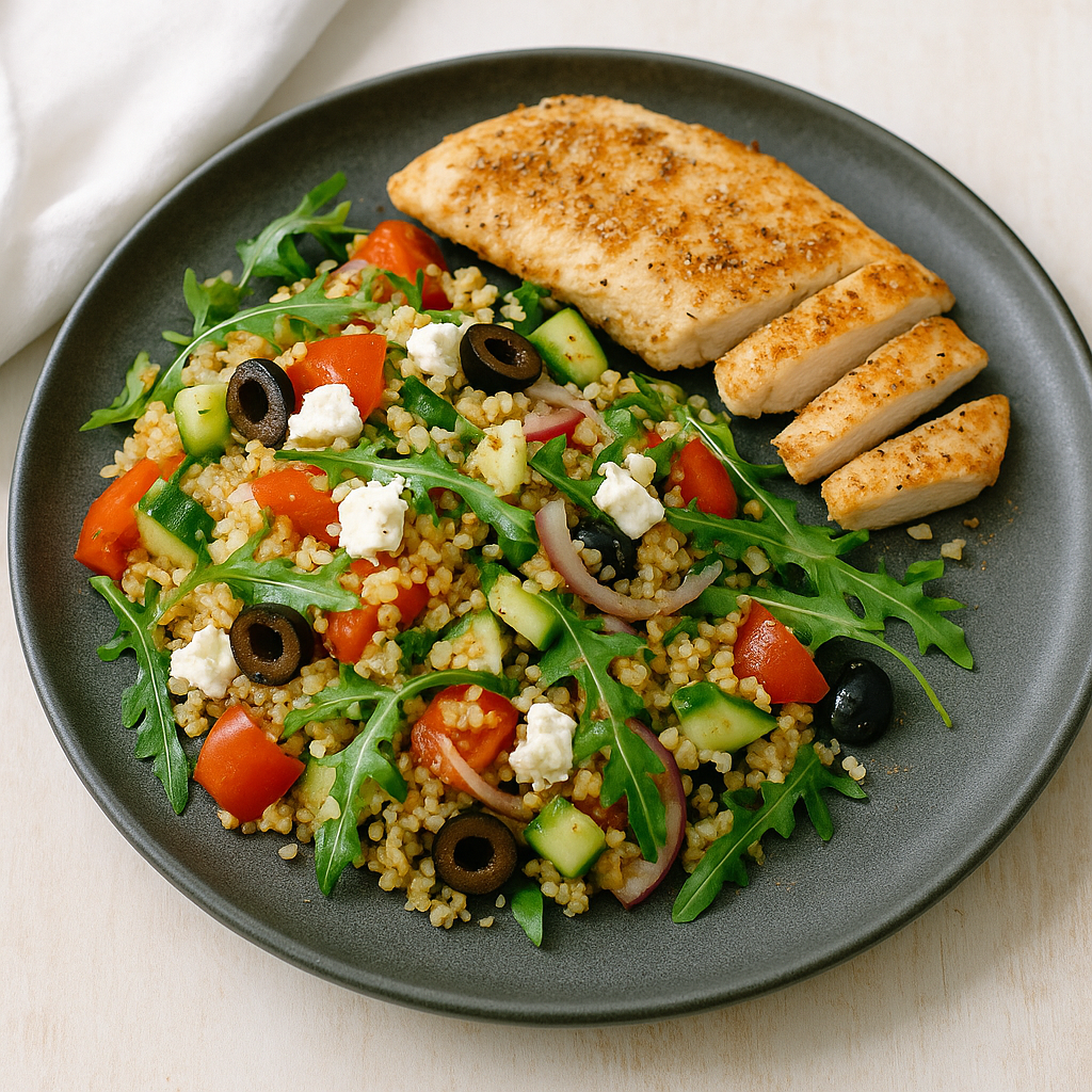 Bulgur-Salat mit Hähnchenbrustfilet, Feta und Balsamico