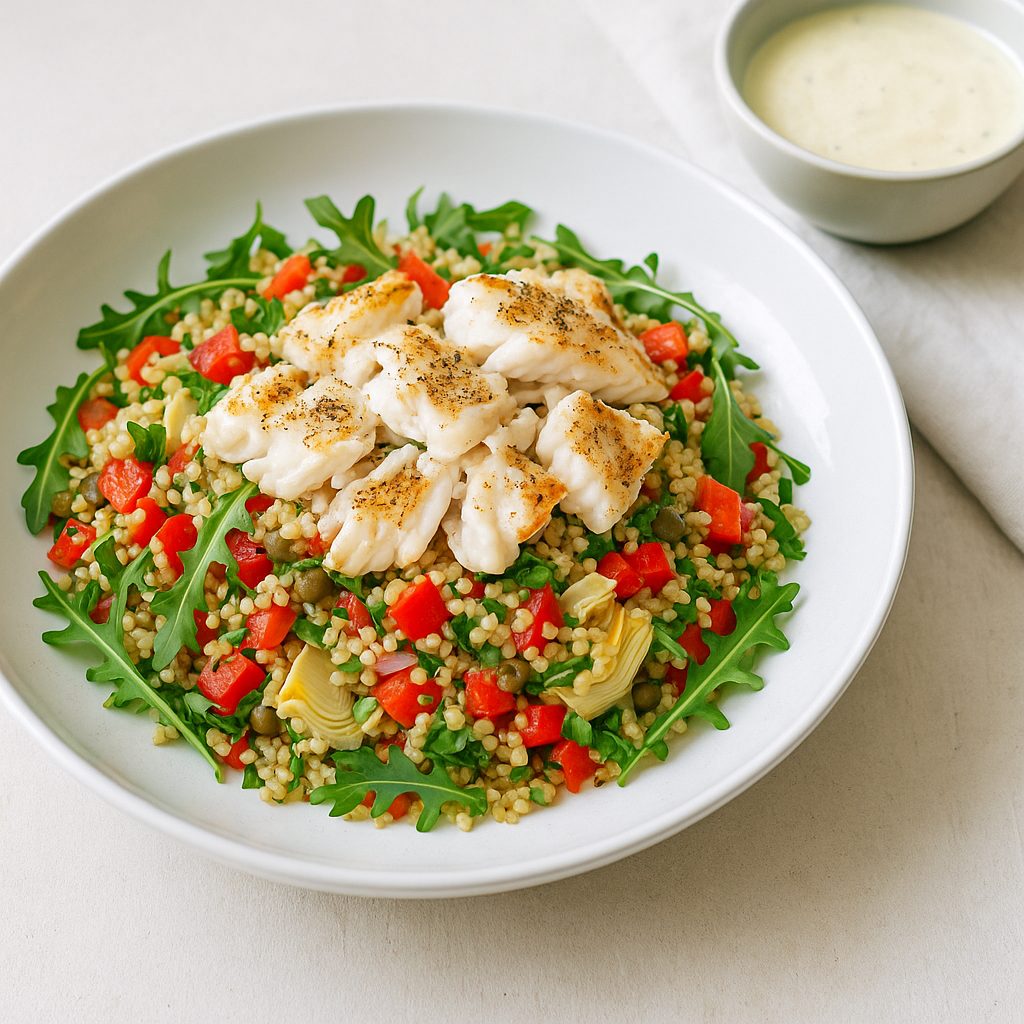 Bulgur-Salat mit Kabeljau, Artischocken und Senf-Joghurt-Dressing