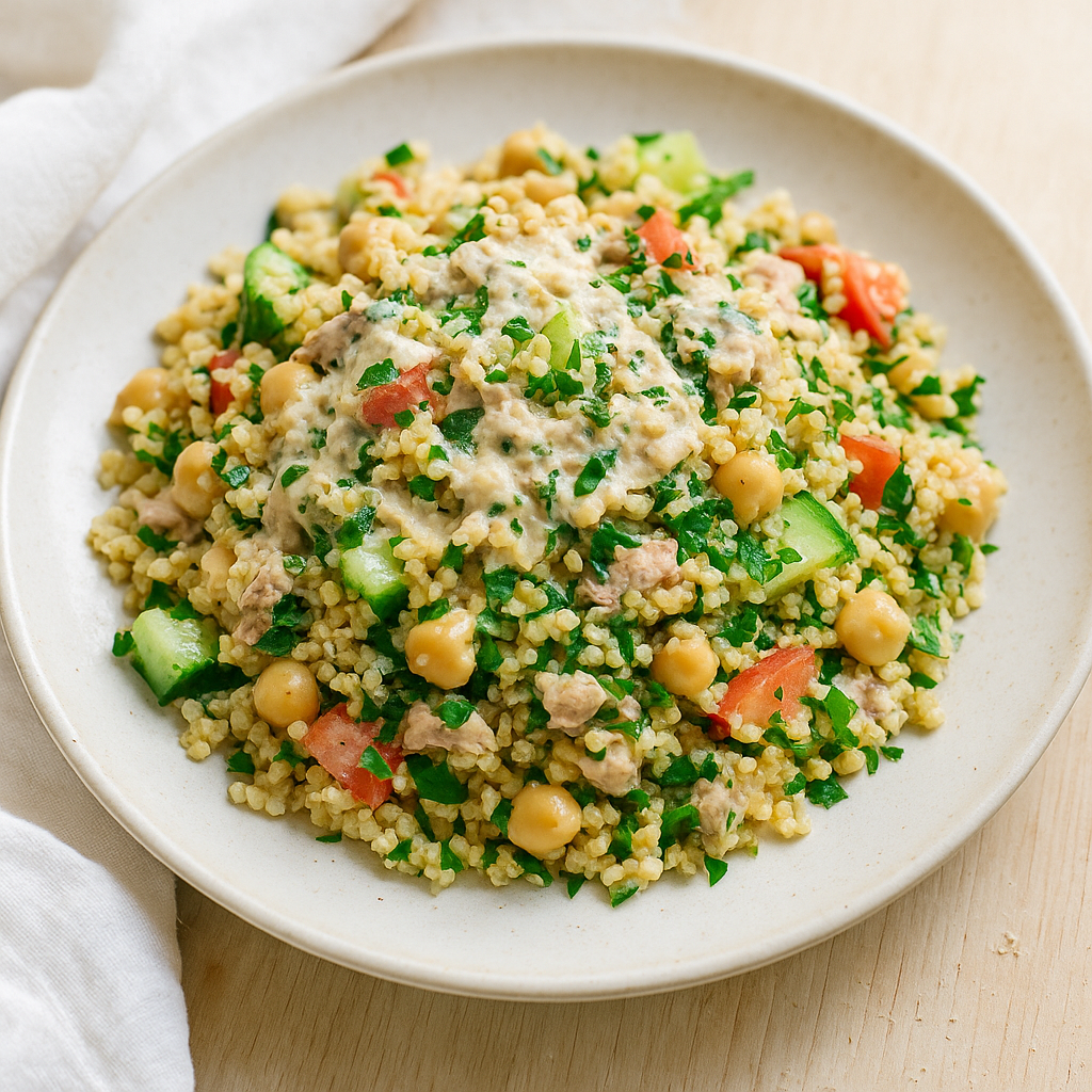 Bulgur-Schale mit Thunfisch, Kichererbsen und Zitronen-Tahini