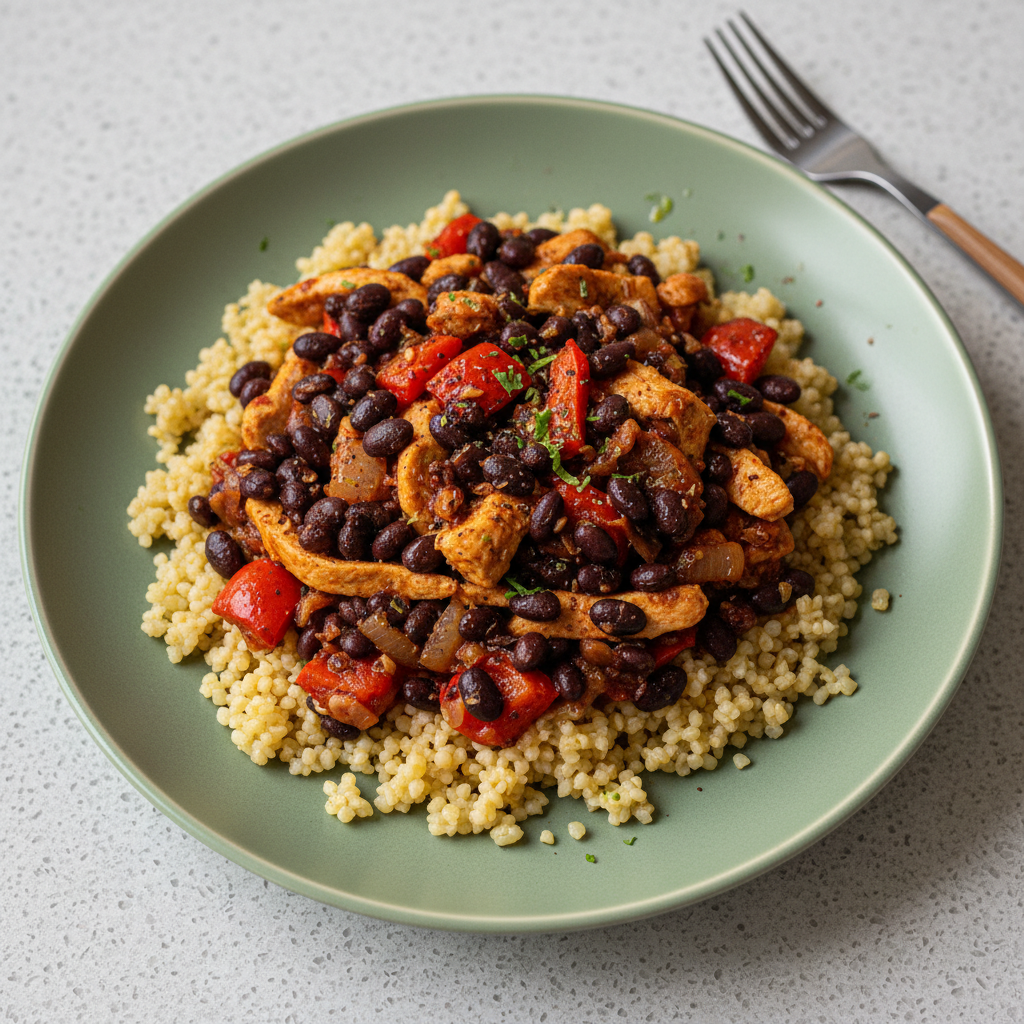 Bulgur-Schüssel nach Mexiko-Art mit Truthenbrust, schwarzen Bohnen und Paprika