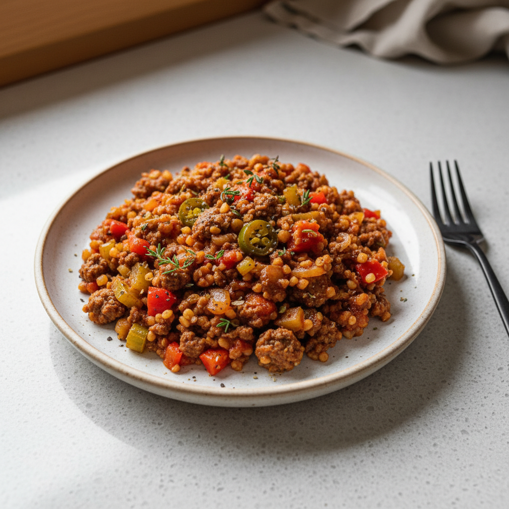 Cajun-Rinderhack-Jambalaya mit Bulgur