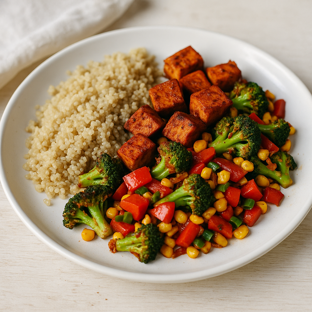 Cajun-Tofu mit Quinoa und Mais-Brokkoli-Pfanne
