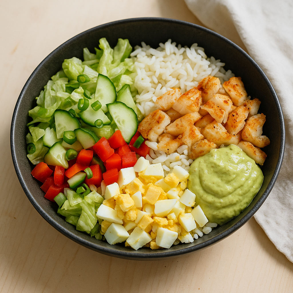 Cobb-Salat-Bowl mit Seelachs, Reis und Avocado-Dressing