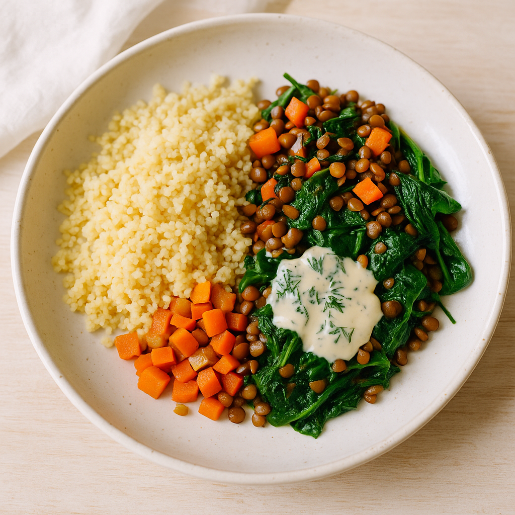 Couscous-Bowl mit Linsen, Dill-Spinat und Zitronen-Tahini