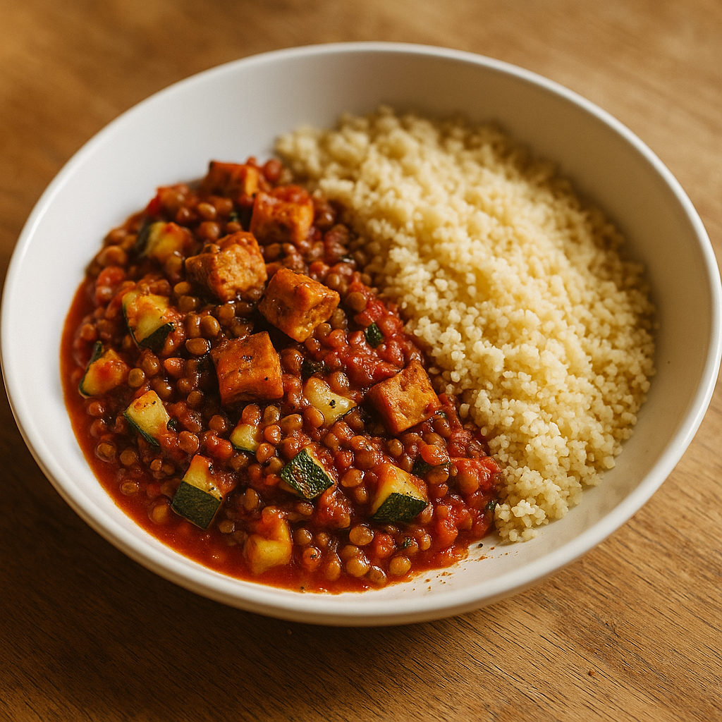 Couscous-Bowl mit Tempeh, Linsen und Tomaten-Zucchini
