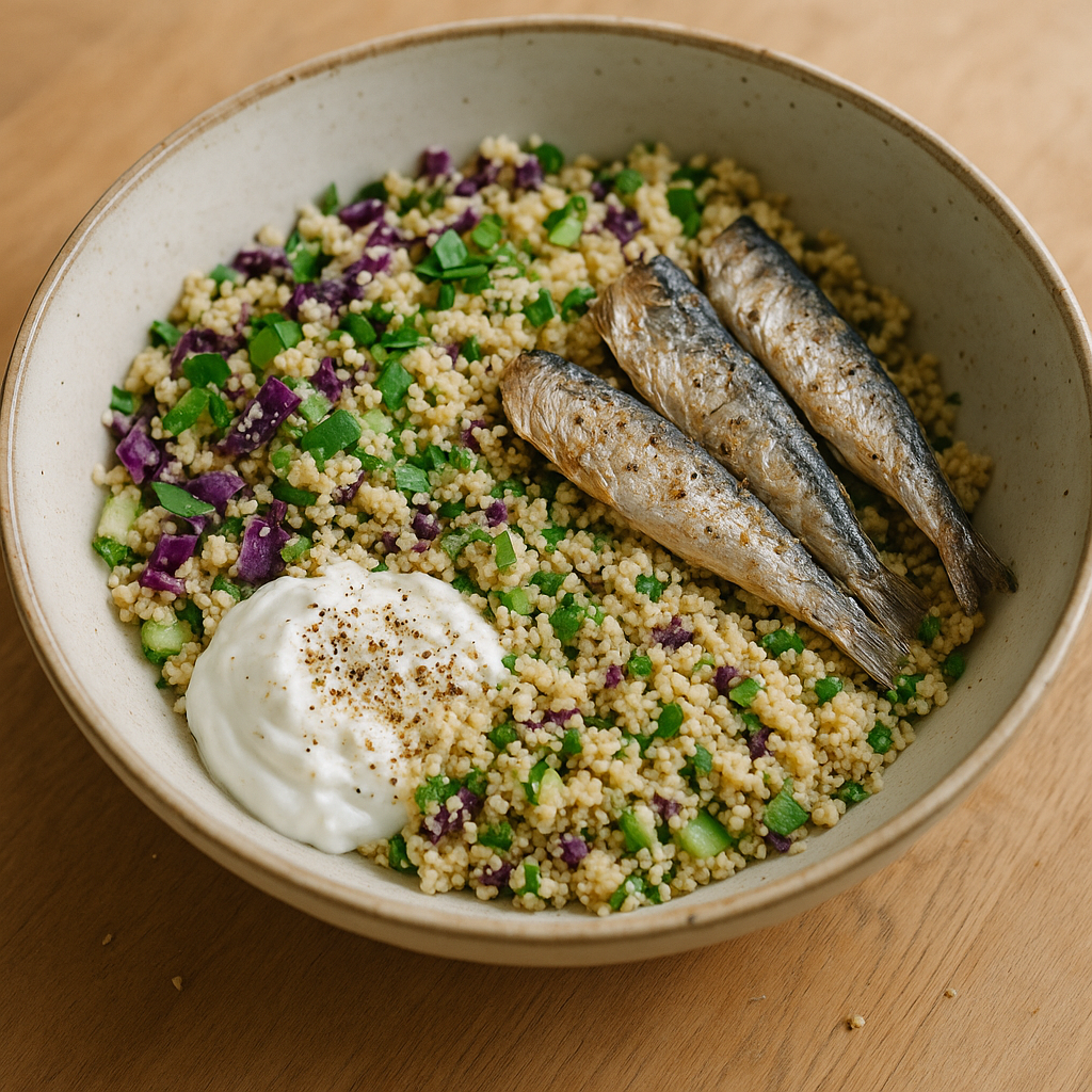 Couscous-Salat mit Sardinen, Skyr und Rotkohl-Gurke