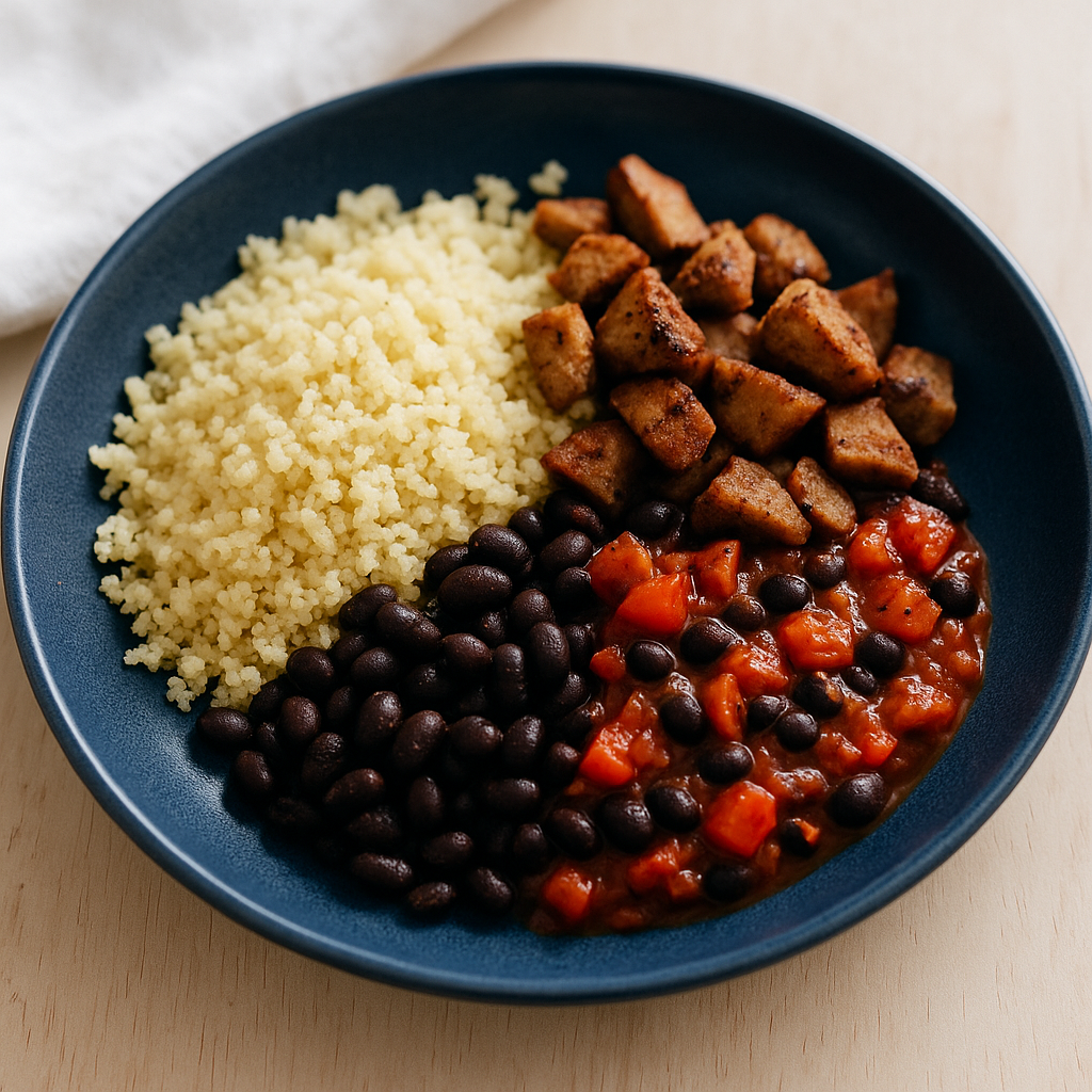 Couscous-Schüssel mit angebratenem Seitan, schwarzen Bohnen und Tomaten-Paprika-Salsa