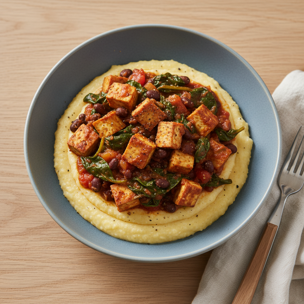 Cremige Polenta-Bowl mit schwarzen Bohnen und Spinat-Tomaten-Pfanne