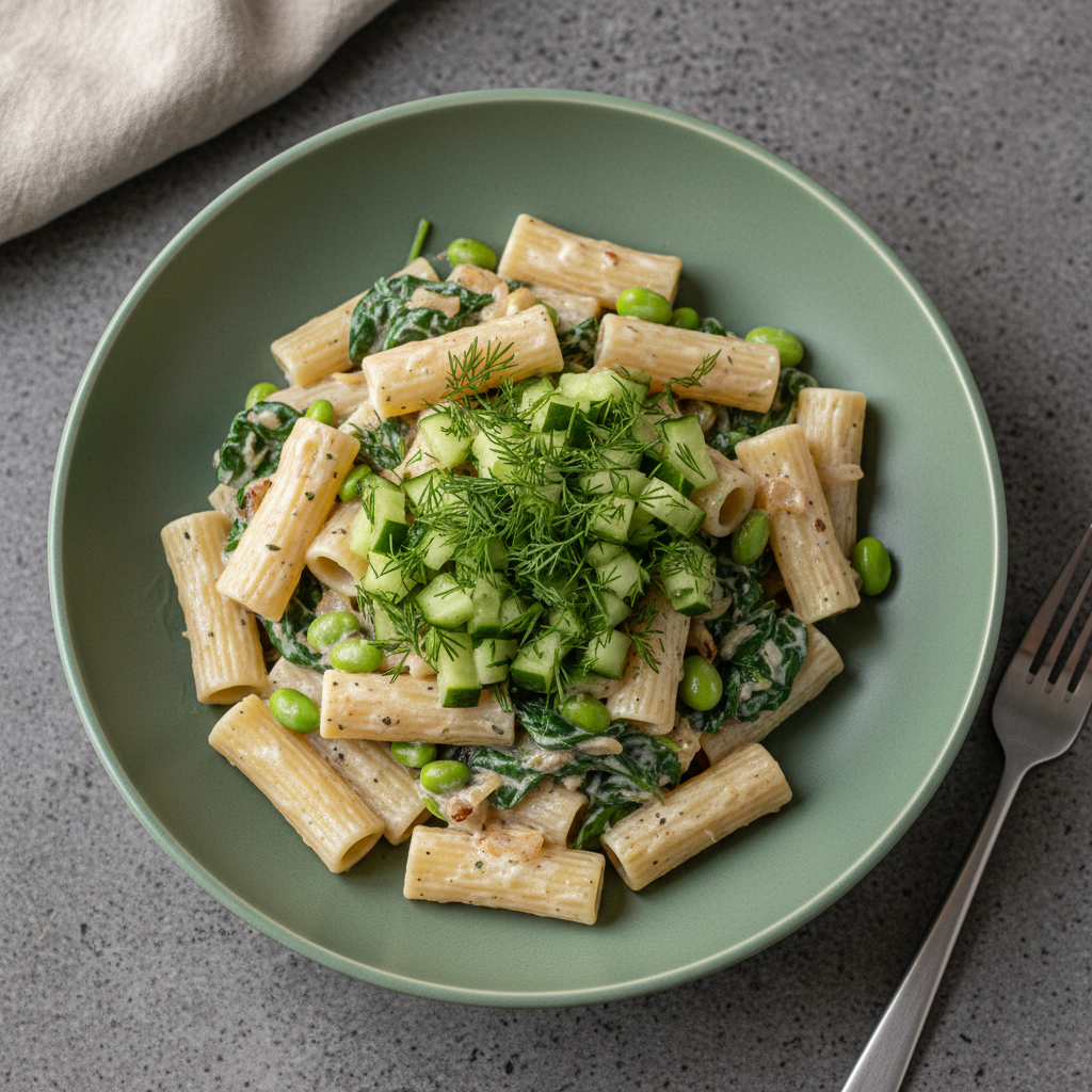 Cremige Rigatoni mit Edamame, Dill und Gurken-Spinat